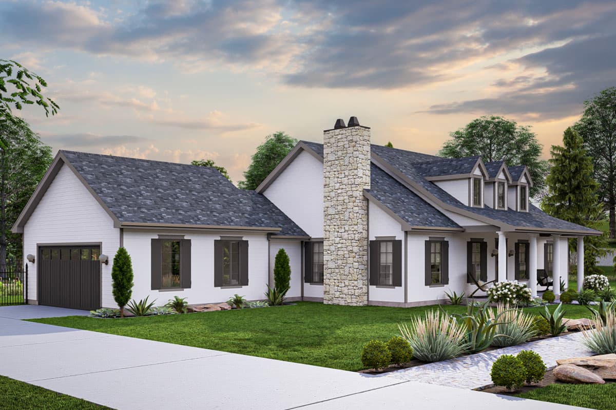 House plan exterior: Modern Farmhouse style, one story, with stone chimney, gabled roof, front porch with columns, and attached garage.