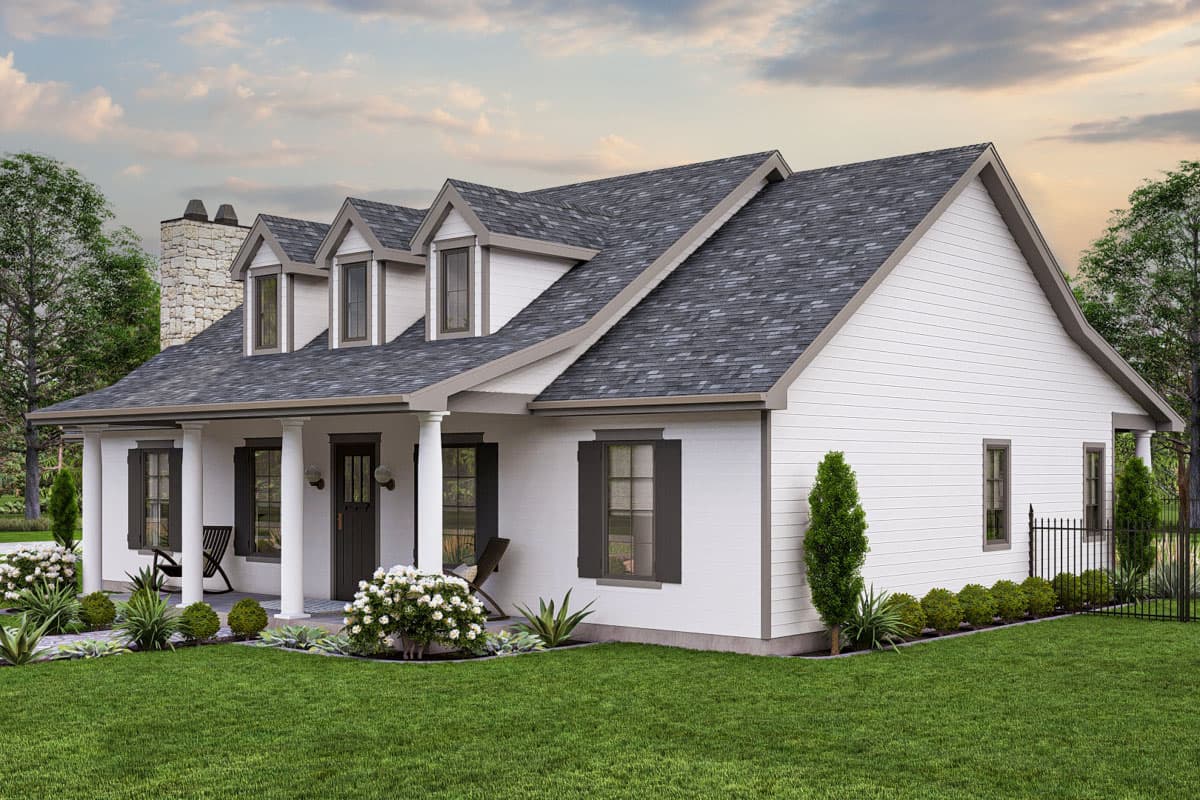 House plan exterior: one-story Modern Farmhouse with gabled dormers, stone chimney, and covered front porch with columns.
