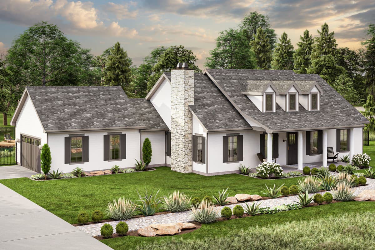 House plan exterior: Modern Farmhouse style, one-story, with dormers, gables, stone chimney, and attached garage.