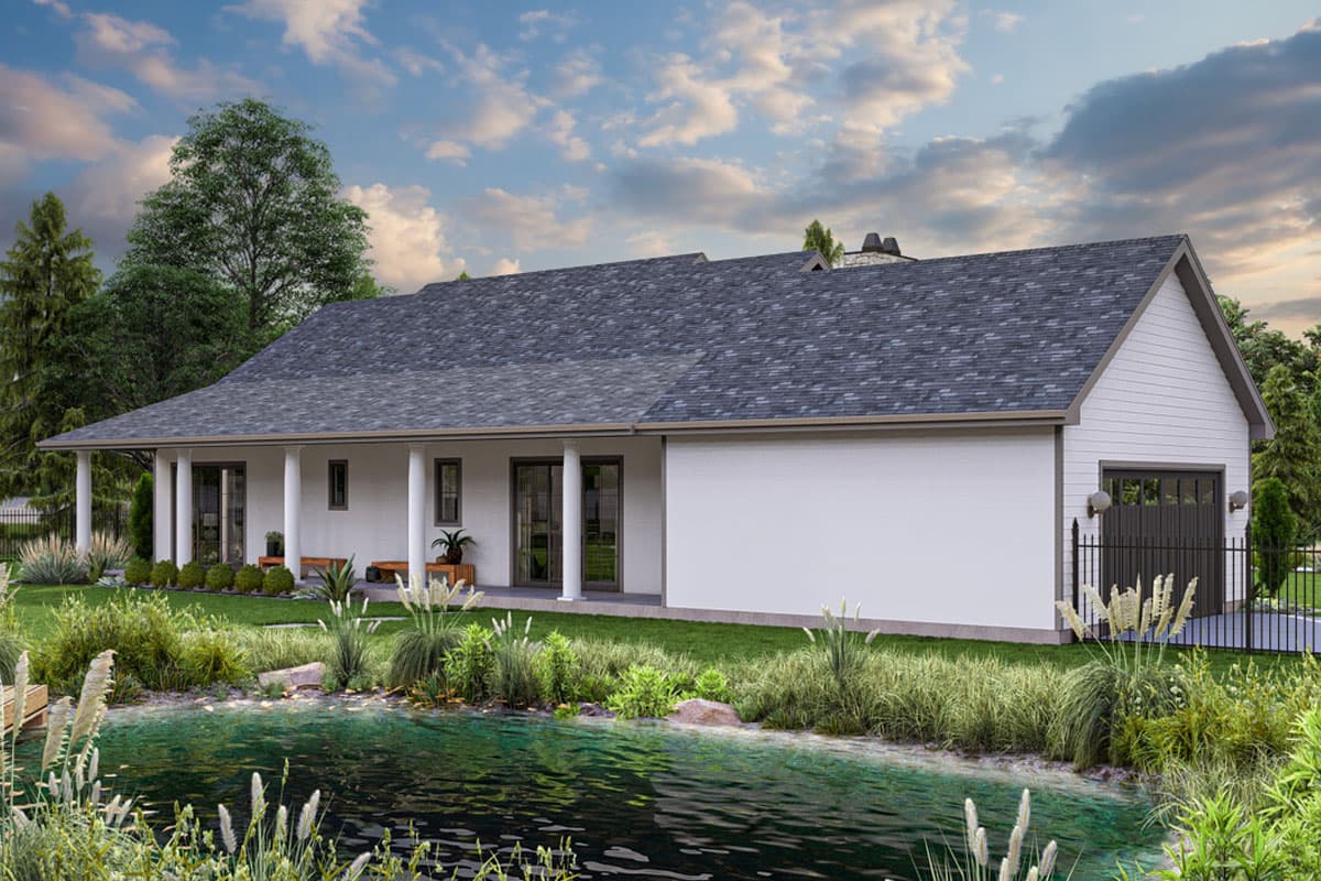 House plan exterior: Ranch style, single-story with full-width covered porch, multiple gables, and side-entry garage.