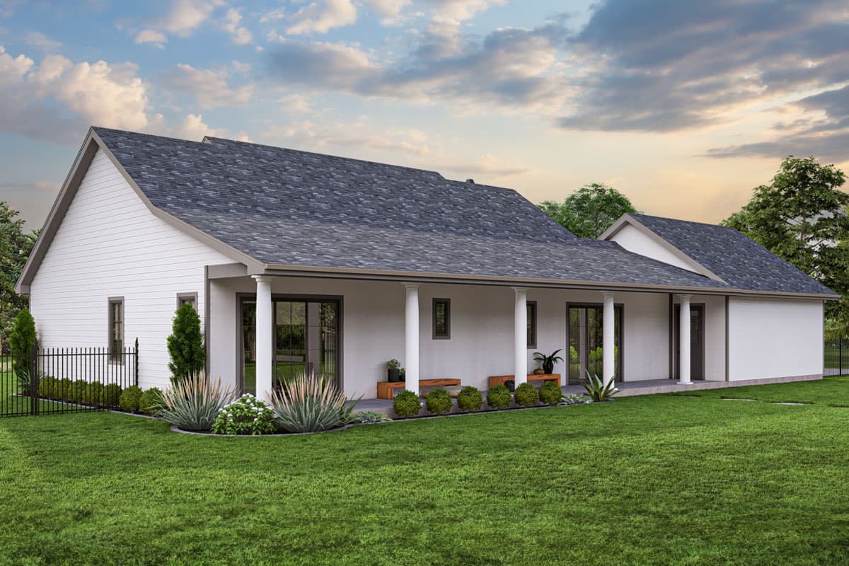 House plan exterior: single-story, white siding, gabled roof, and covered porch with columns.