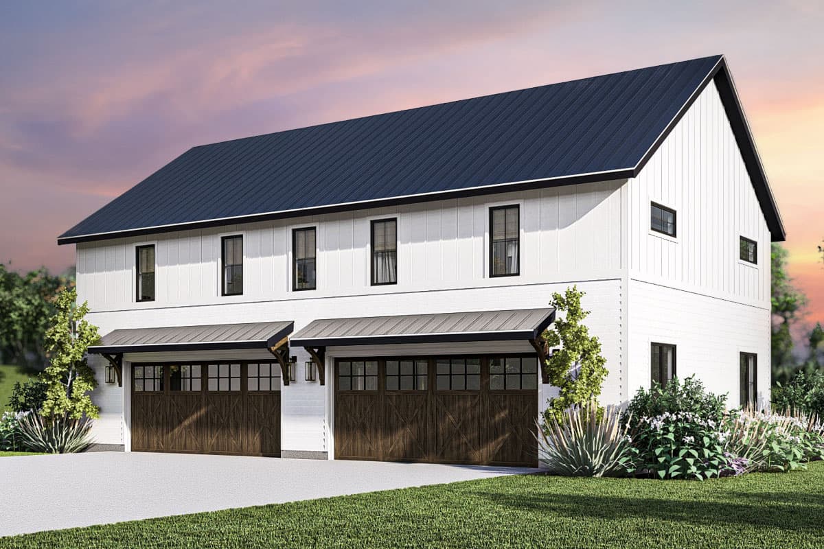House plan exterior. Two-story Modern Farmhouse with a gabled roof, two-car garage, and metal awning over the garage doors.