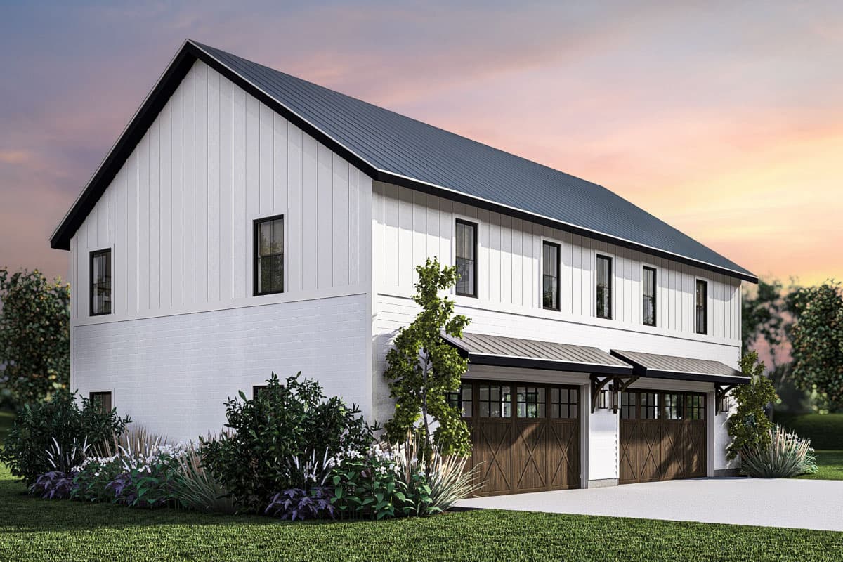 Modern farmhouse style house plan exterior with white vertical siding, a dark metal roof, and two garage doors with wooden panels.