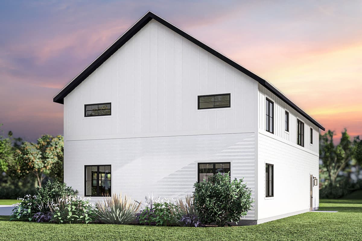 House plan exterior for a two-story Modern Farmhouse with a steep gable roof, board-and-batten siding, and black-framed windows.