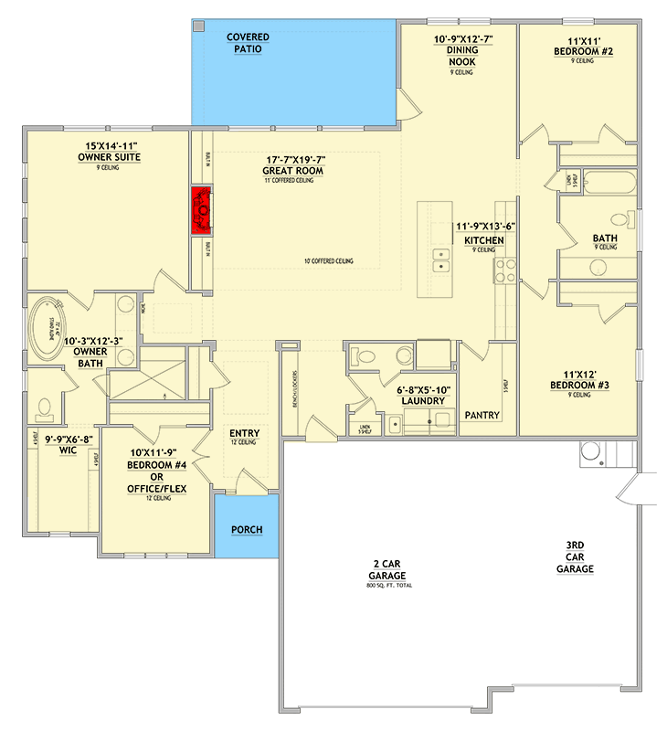 Plan 849036PGE: Transitional House Plan with One-Level Living and a Flex Room - 2143 Sq Ft - Floor Plan - Main Level - Ranch, Transitional