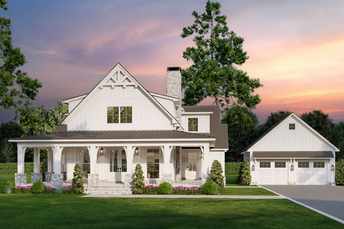 House plan exterior. Two-story Modern Farmhouse with a gabled roof, a covered porch, and a detached garage with two bays.