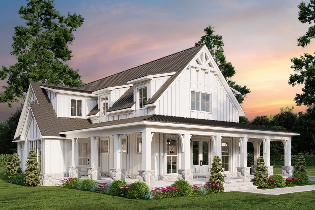 Modern farmhouse house plan exterior with white board-and-batten siding, metal roof, dormers, and a wraparound porch.