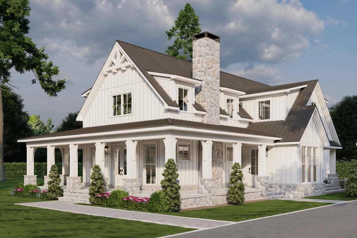 Modern Farmhouse house plan exterior with wrap-around porch, stone chimney, board and batten siding, and gables.
