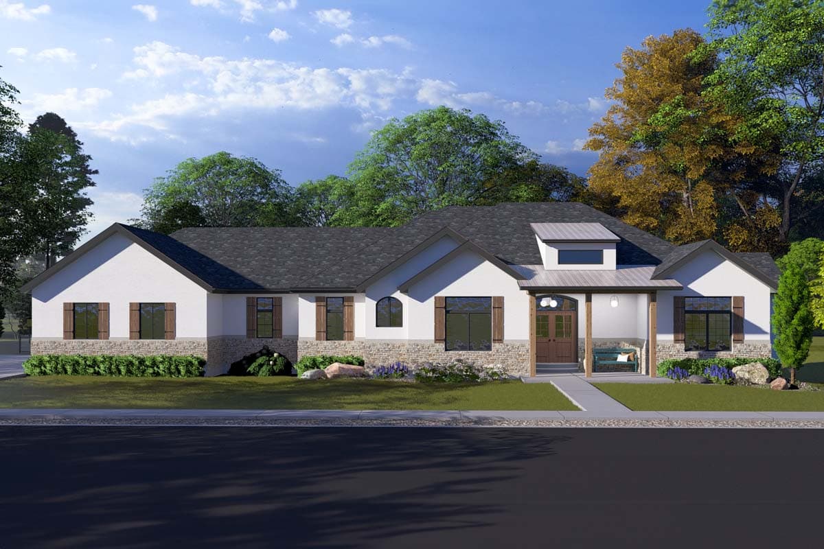 House plan exterior of a one-story Modern Farmhouse with stone accents, gables, a covered porch, and a dormer.