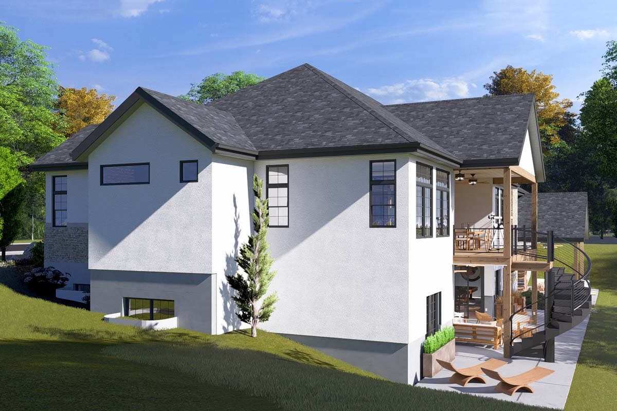 Modern two-story house plan exterior with stucco finish, multiple gables, stone accent, and tiered decks with spiral staircase.
