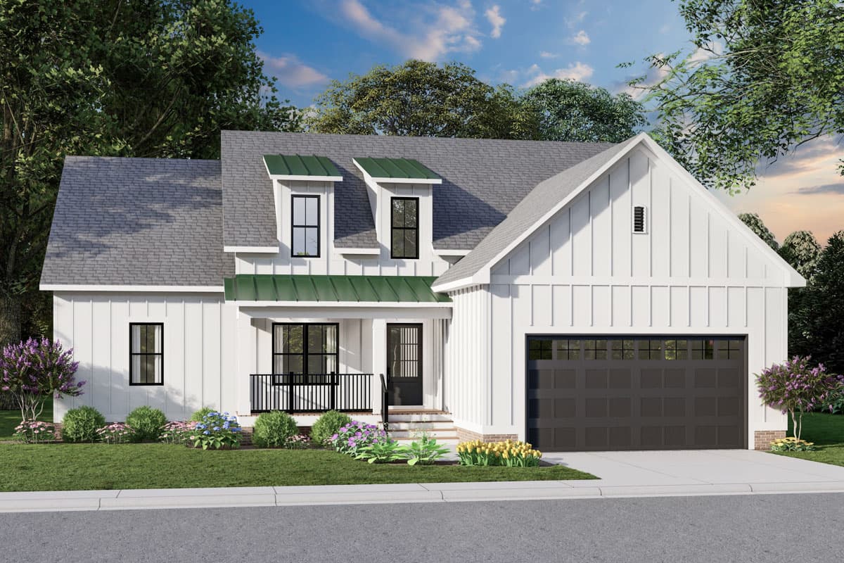 House plan exterior. Modern Farmhouse style with two stories, gabled roof, two dormers, and a front porch with a black railing.