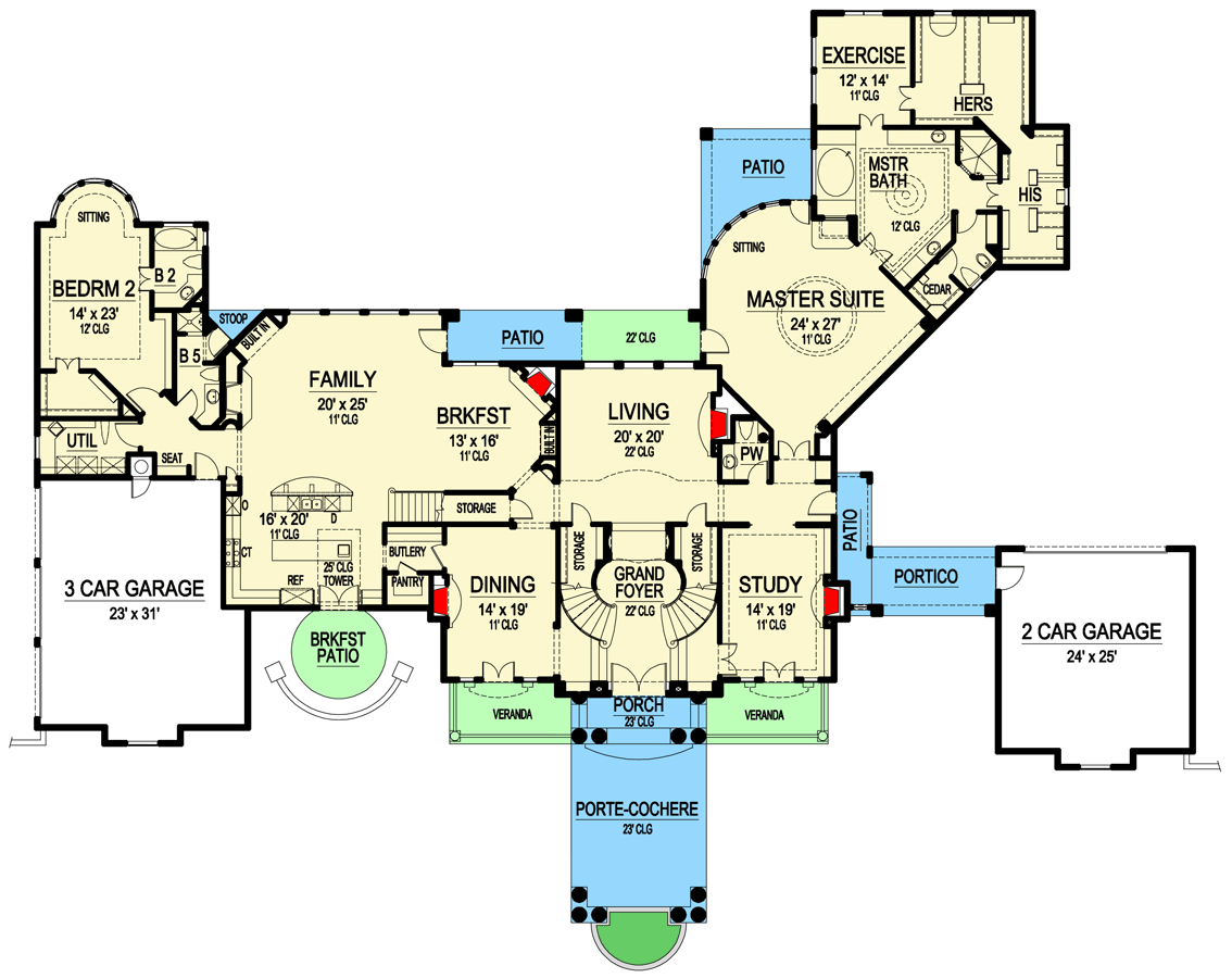 Plan 36168TX: European-style House Plan with Porte Cochere - Floor Plan - Main Level - European