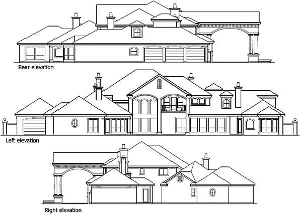 Rear, left, and right elevations for a house plan showing a multi-story home with a three-car garage, arched entryway, and numerous windows.