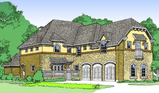 House plan exterior drawing of a two-story home with stone facade, multiple gables, arched garage doors, and a second-story balcony.