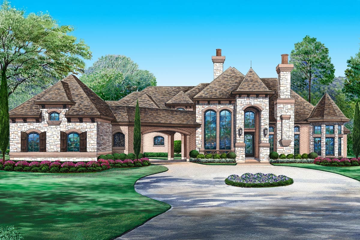 House plan exterior shows a multi-story home with stone and brick facade, arched windows, gabled dormers, and a covered porte-cochère.