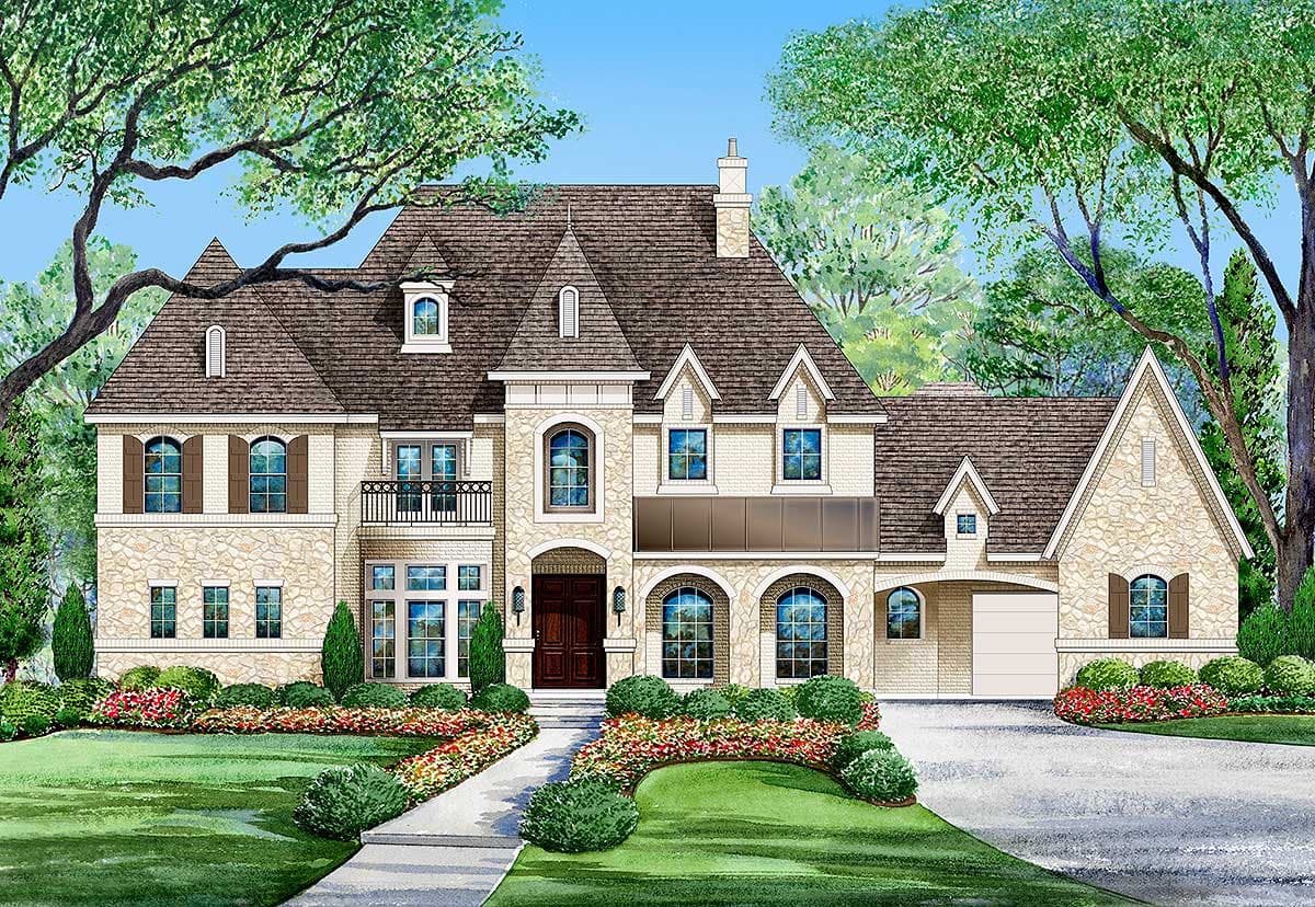 House plan exterior: Multi-story stone and brick home with prominent gables, dormers, arched windows, and a front-facing garage.