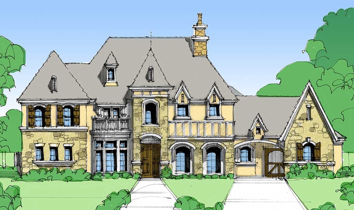 House plan exterior: French Provincial style, stone and stucco facade, multiple gables, dormers, and a wrought iron balcony.