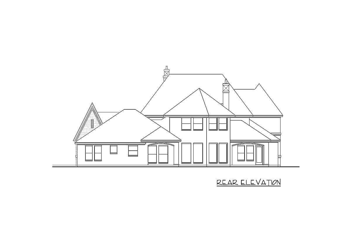 Rear elevation drawing of a large, multi-story house with gables, dormers, and varied rooflines.