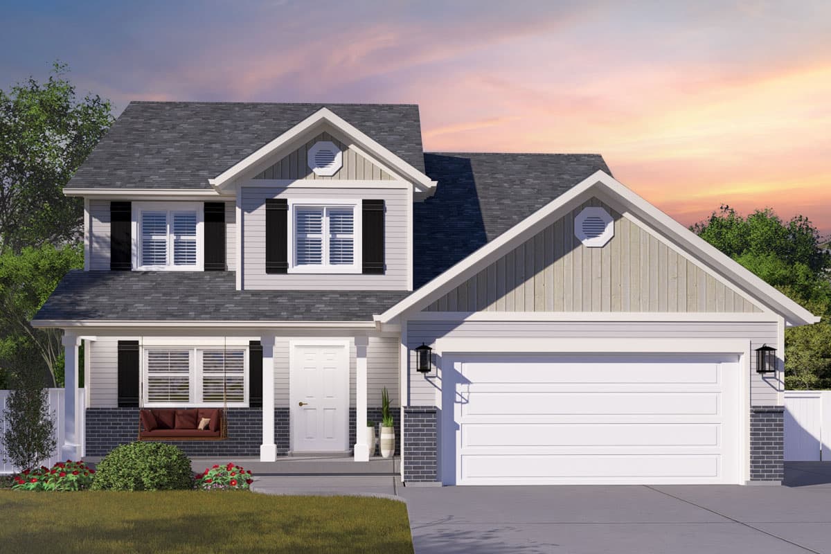 House plan exterior. Two-story home with a gabled roof, front porch, and attached garage. Includes decorative shutters and an octagonal vent.