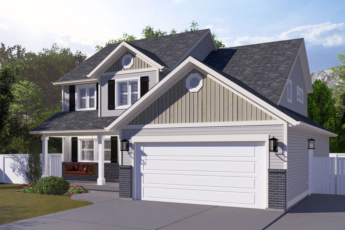 Two-story house plan exterior with a covered front porch, gabled dormers, and a three-car garage.