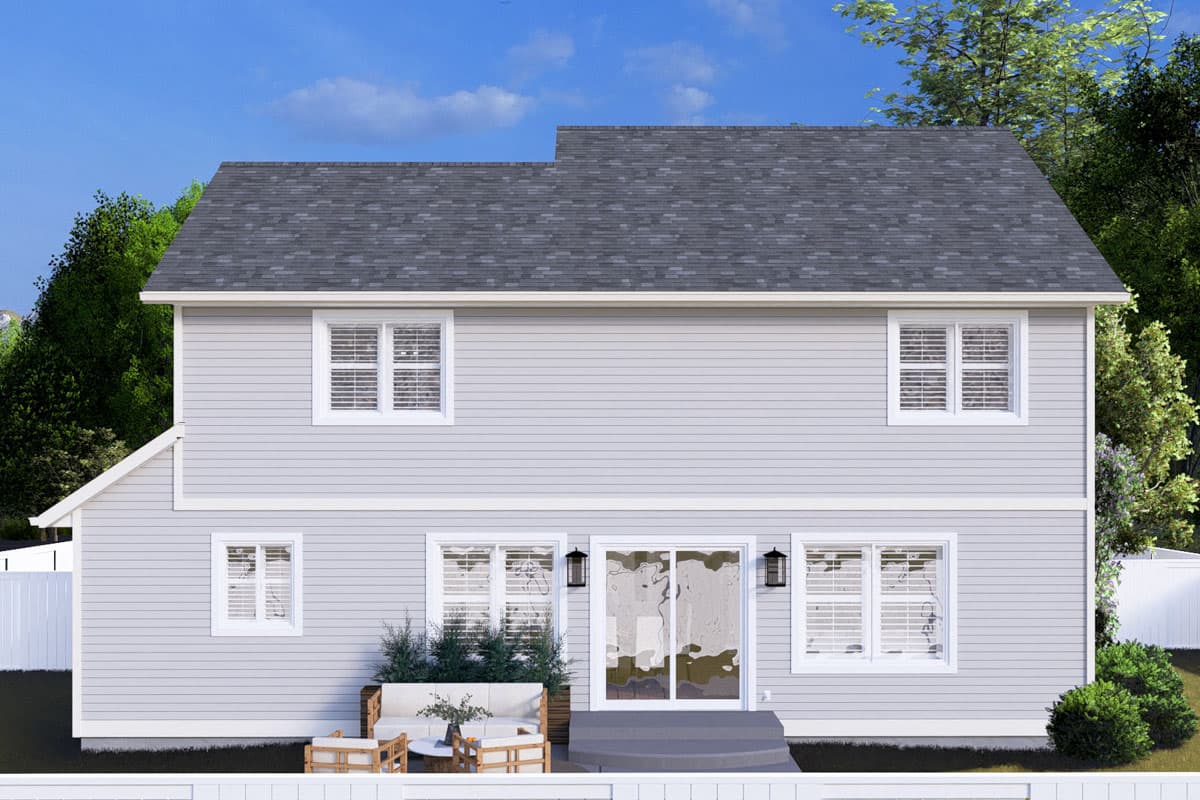Two-story house plan exterior with a gable roof, double-hung windows, and a sliding glass door leading to a patio.
