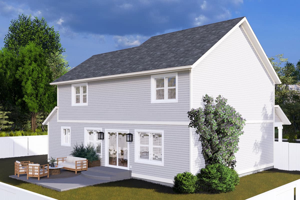 House plan exterior of a two-story home with a gabled roof, siding, and patio doors.
