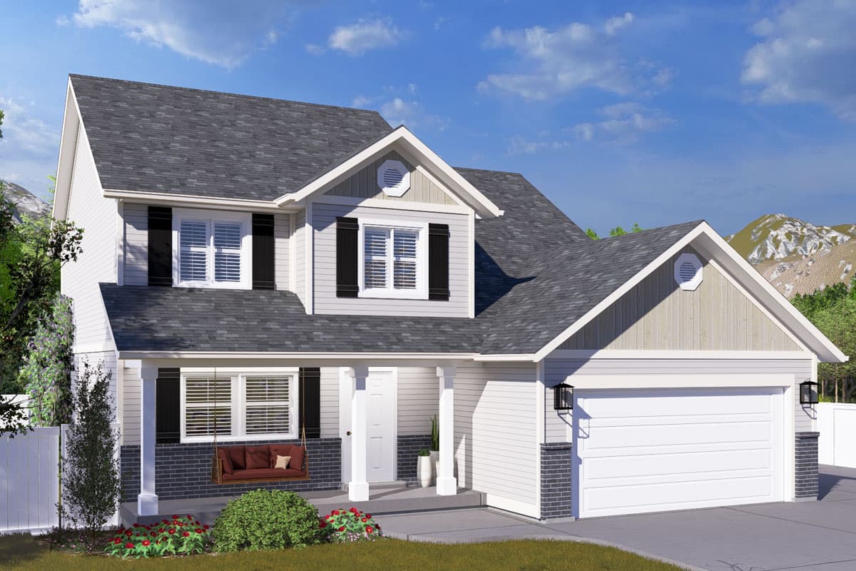 House plan exterior, two-story Modern Farmhouse with gabled dormers, covered porch with swing, and side-entry garage.