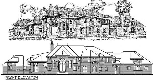 Front elevation drawing of a large, multi-story house with arched entry, dormers, and varied rooflines.