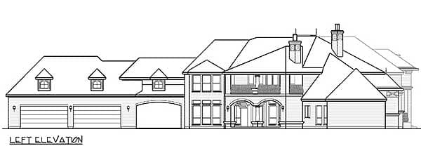 Left elevation of a two-story house plan with a three-car garage, arched entry, dormers, and multiple rooflines.