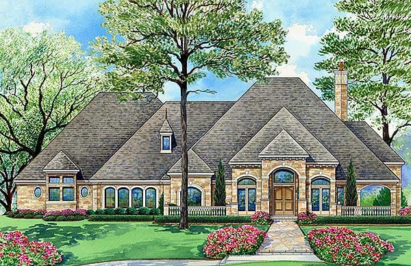 House plan exterior: Stone-clad, one-story home with complex rooflines, arched entryway, multiple gables, and dormers.
