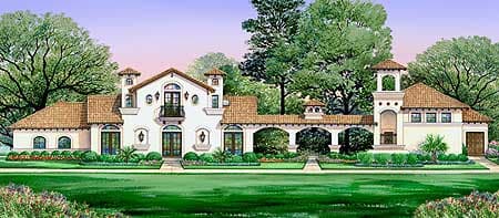 House plan exterior: Mediterranean style, two stories, arched entryway, loggia, and tiled roof.