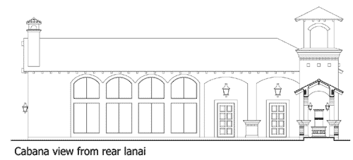 Cabana floor plan exterior view from rear lanai, featuring arched windows, double doors, and a covered loggia with a fireplace.