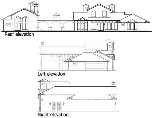 Architectural house plan elevations: rear, left, and right views showing a two-story home with arched windows, a covered walkway, and pitched roofs.