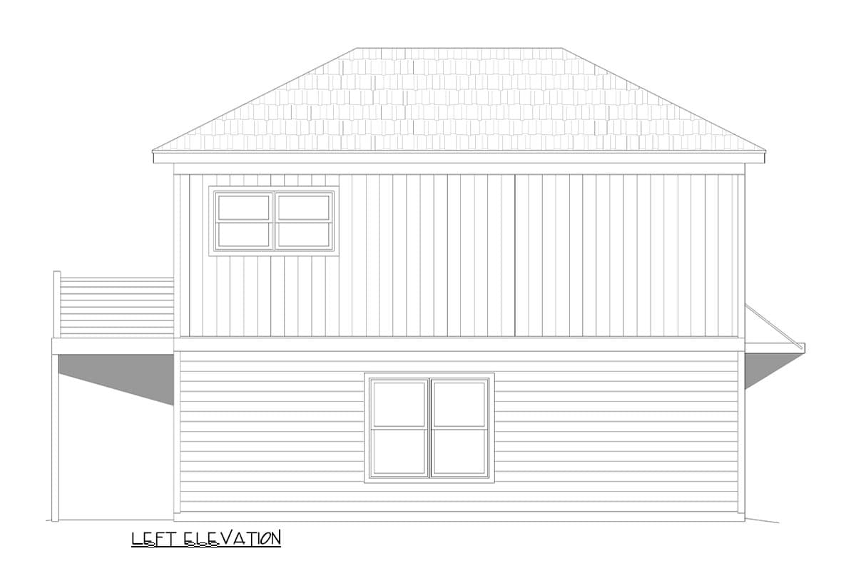Left elevation of a house plan showing siding, a deck, and two windows.