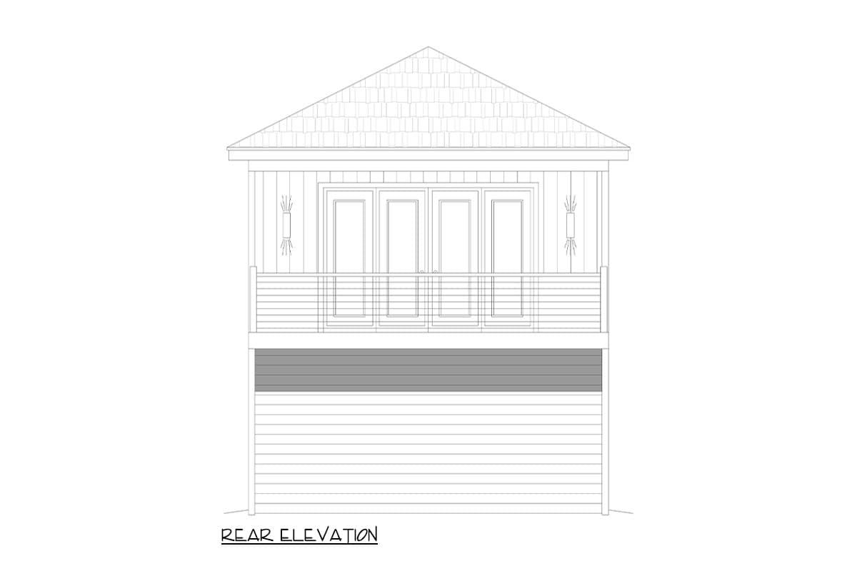 Rear elevation drawing showing double doors, balcony, siding, and garage door.