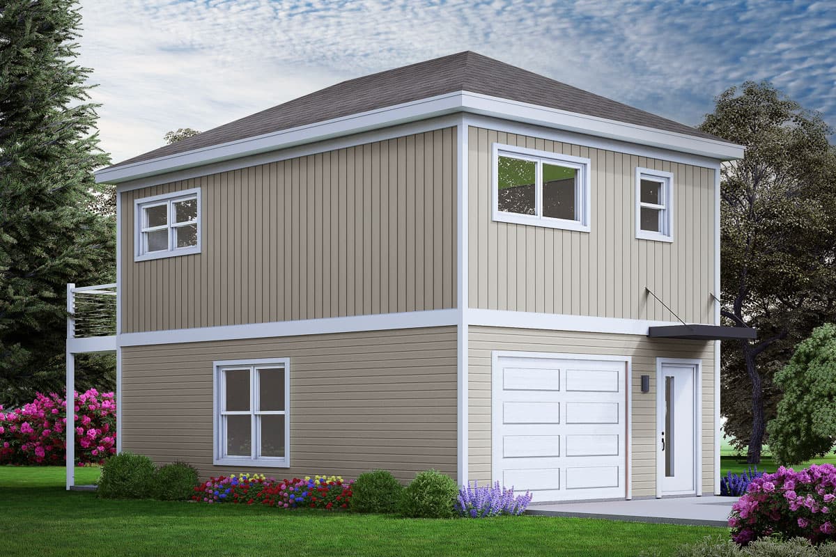 House plan exterior. Two-story structure with a flat roof. Features include garage, balcony with railing, and a small entry overhang.