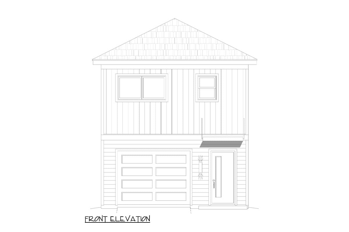 Front elevation drawing of a two-story house plan featuring a horizontal panel garage door, a single front door, and two upper-level windows.