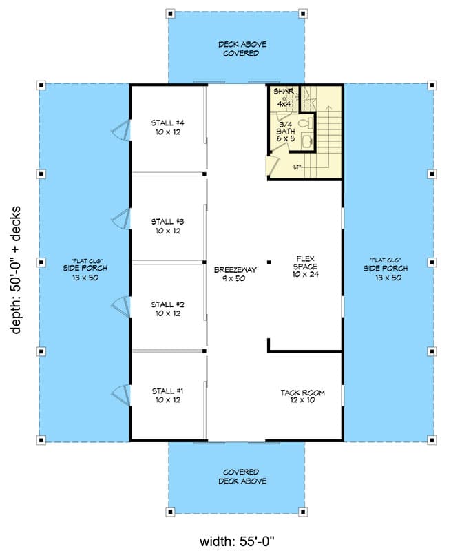Plan 680309VR: Barn-Like House Plan with 4 Horse Stalls and 2 Bedrooms - 1469 Sq Ft - Floor Plan - Main Level - Barndominium, Country, Mountain, Rustic