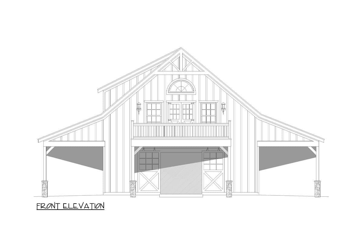 Front elevation house plan with a gambrel roof, balcony, and covered porte-cochères.