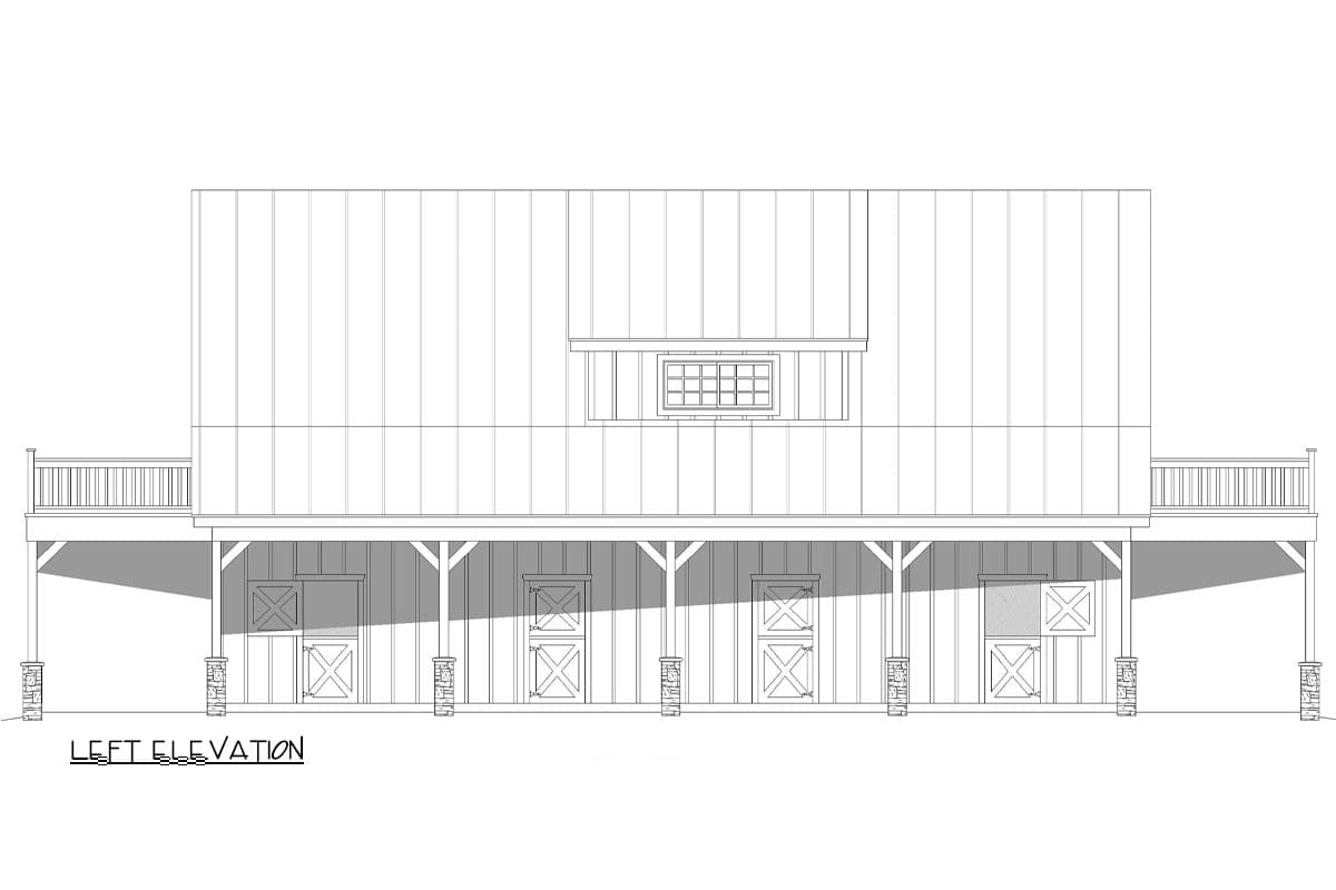 Left elevation house plan drawing of a two-story structure with a covered porch, multiple barn-style doors, and a dormer window.