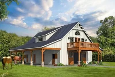 Barn-Like House Plan with 4 Horse Stalls and 2 Bedrooms - 1469 Sq Ft