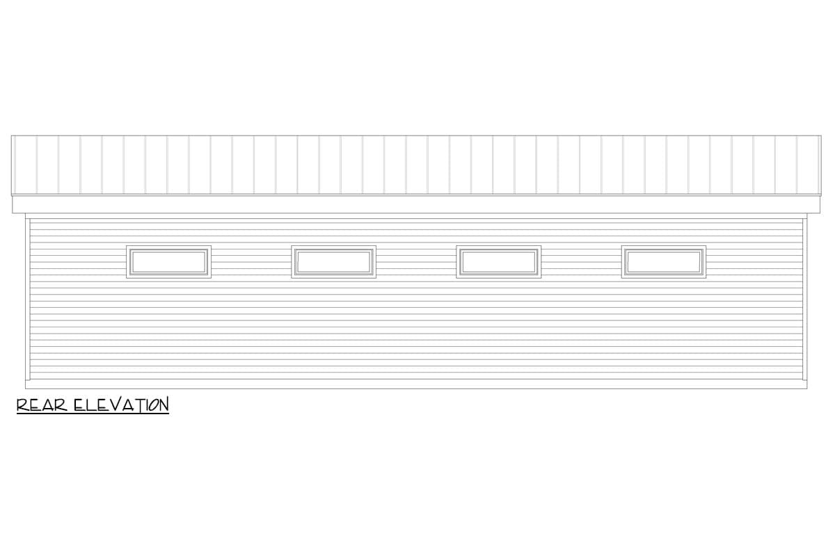 Rear elevation drawing of a single-story structure with horizontal siding and four evenly spaced rectangular windows.
