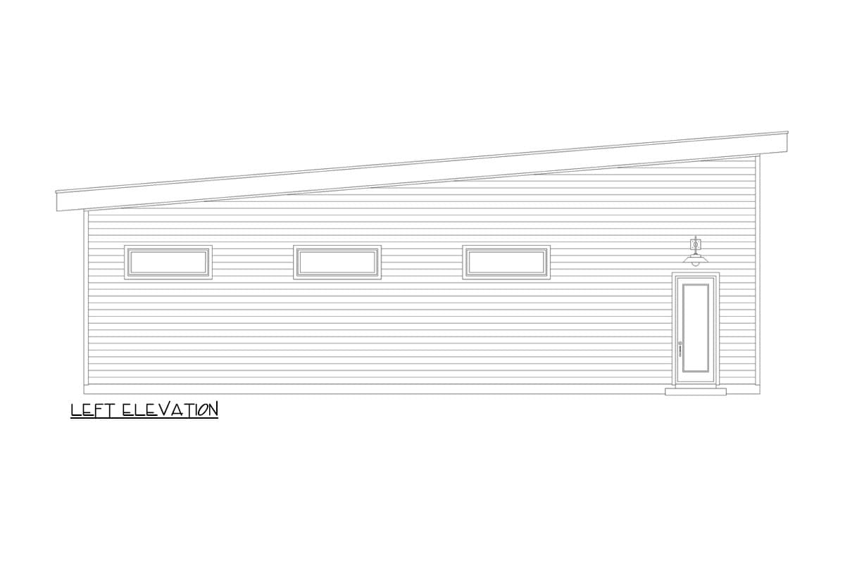 Left elevation drawing of a modern house plan with horizontal siding, three narrow windows, and a single door with an overhead light.