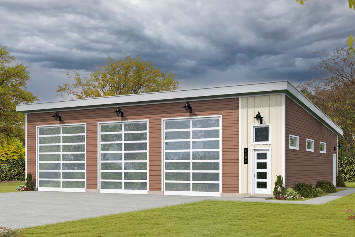 House plan exterior. Modern style with flat roof and three glass garage doors. Features include a side entrance and minimal windows.