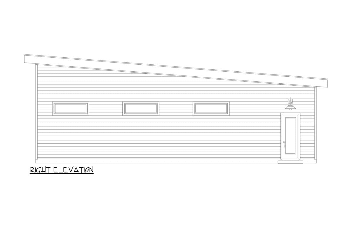Right elevation house plan with horizontal siding, a single door, outdoor light, and three horizontal windows.
