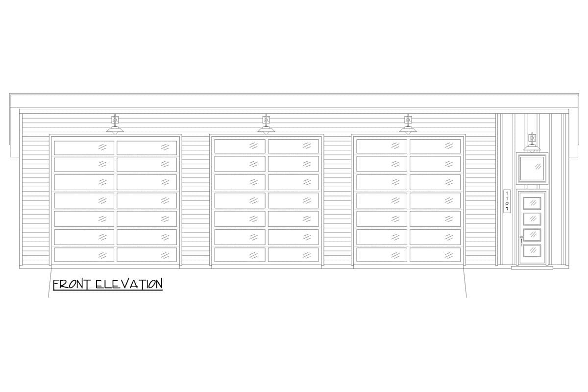 Front elevation drawing of a garage with three glass panel doors and one pedestrian door.