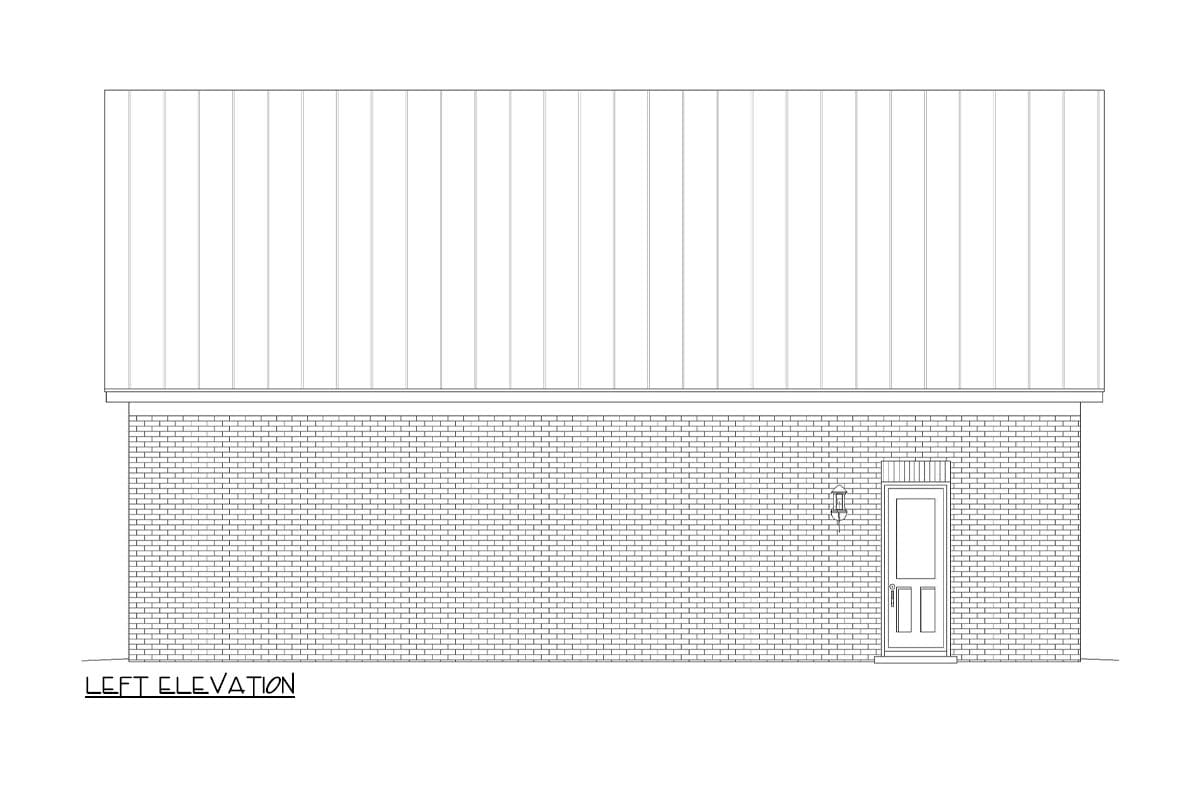 Left elevation house plan. Brick veneer lower level, vertical siding upper level, and one door with sidelights.