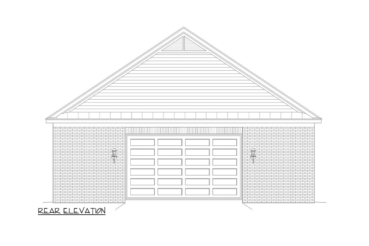 Rear elevation drawing of a garage with brick wainscoting, a large segmented garage door, and a gable end with louvered vent.