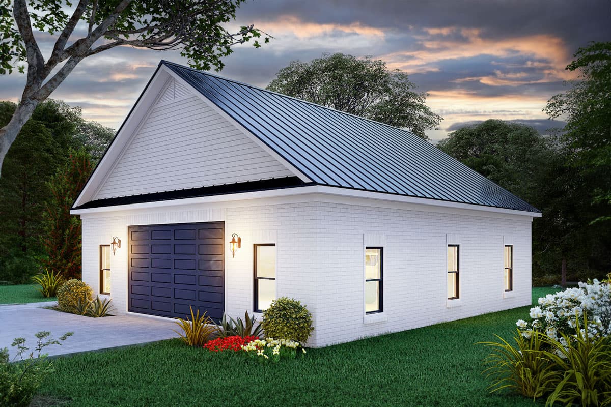 House plan exterior. One-story building with a gable roof and metal roof covering. Features include a garage door and multiple windows.