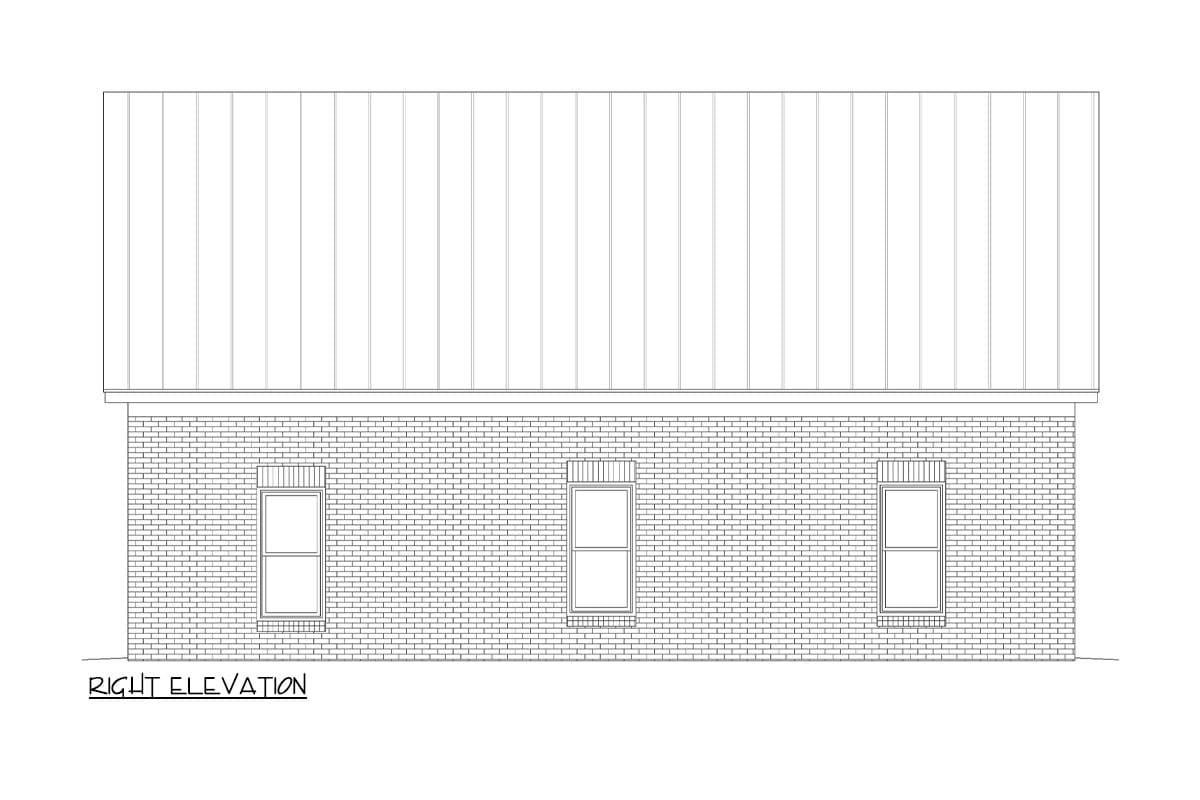 Right elevation drawing of a house plan featuring a metal roof and brick facade with three windows.